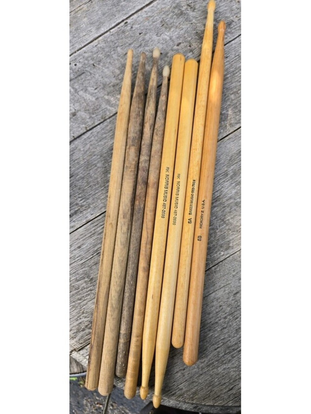 8 Vintage Drumsticks 16"L Norris 2, Baker 1, Hickory 1 & Unmarked 4 Total 8pcs
